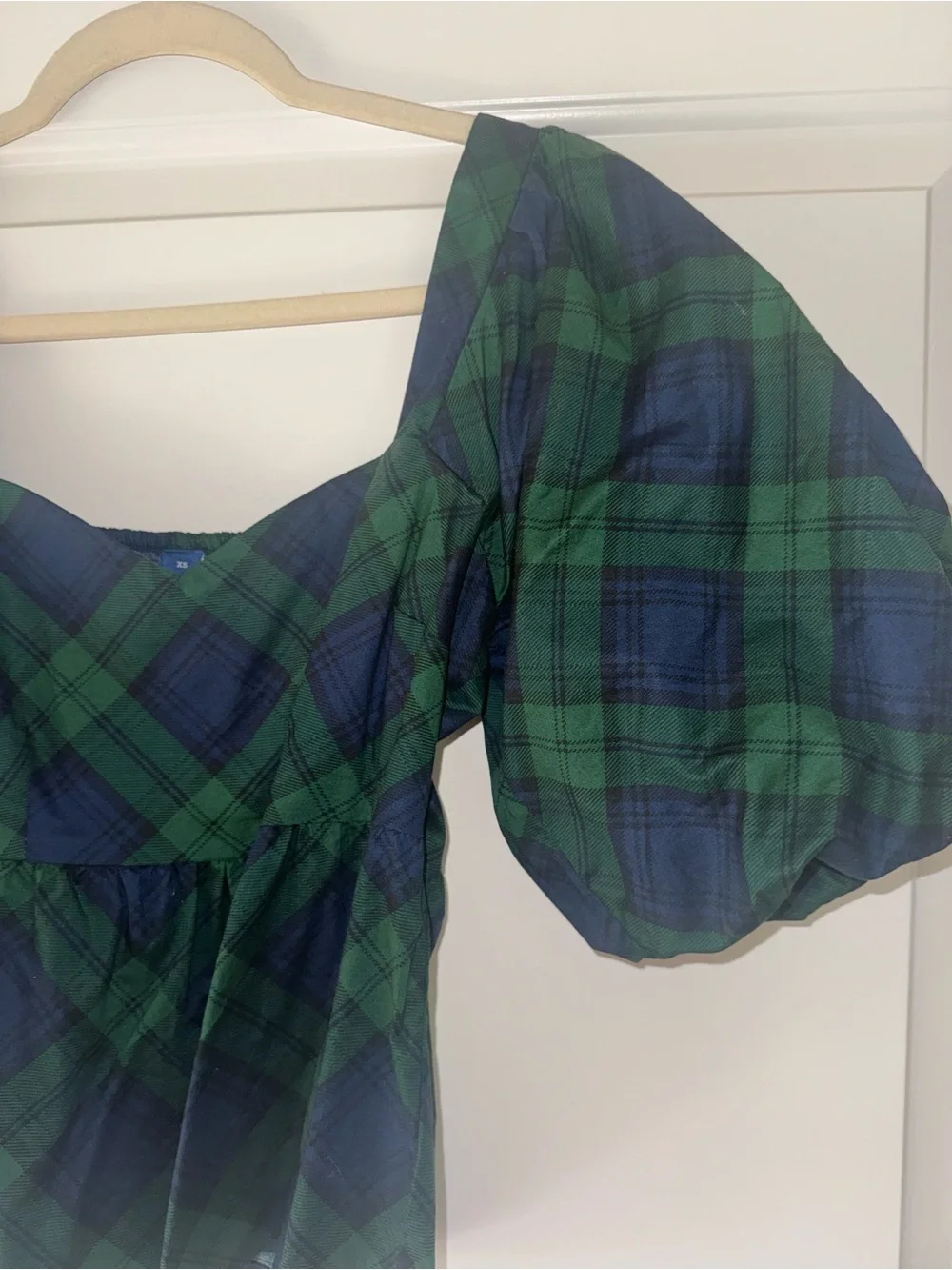 Puff-Sleeve Plaid Peplum Top in Green and Navy